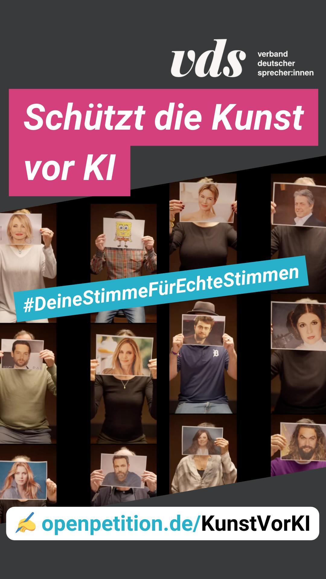 Schützt die Kunst vor KI, man sieht viele Synchronsprecher:innen, die sich Bilder ihrer Schauspieler:innen vor das Gesicht halten.
