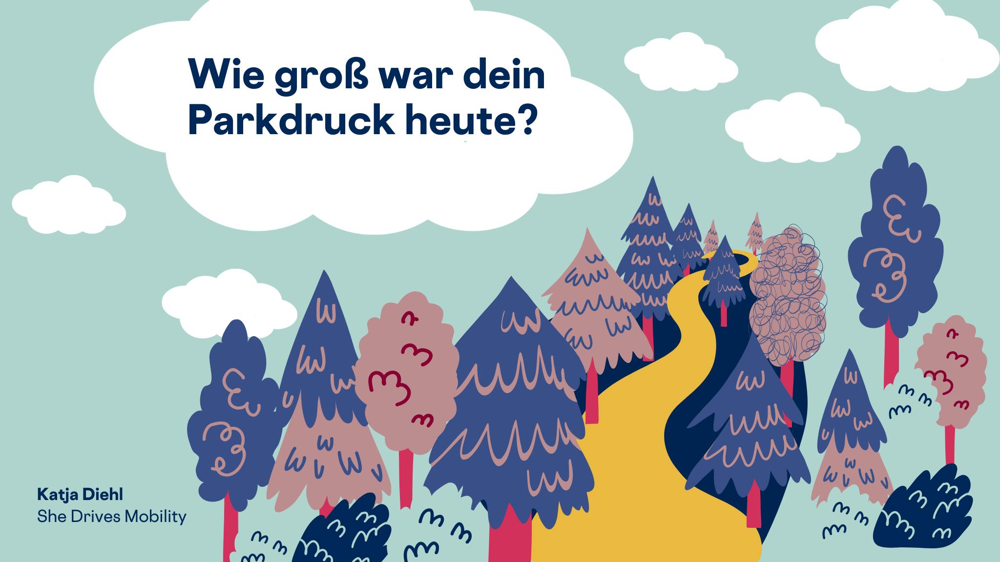 Sharepic das einen Wald zeigt und fragt: Wie groß war dein Parkdruck heute?