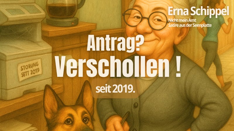Erna Schippel im Vordergrund: ältere Frau, graue Haare im Dutt, runde Brille, verschmitztes Lächeln, Notizblock in der Hand, eine Hand in die Hüfte gestützt. Neben ihr Baron Tollensius, ein Schäferhund mit wachem, klugem Gesichtsausdruck, hebt die Pfote in Richtung einer vorbeihuschenden Joggerin im Bauausschuss-Look (