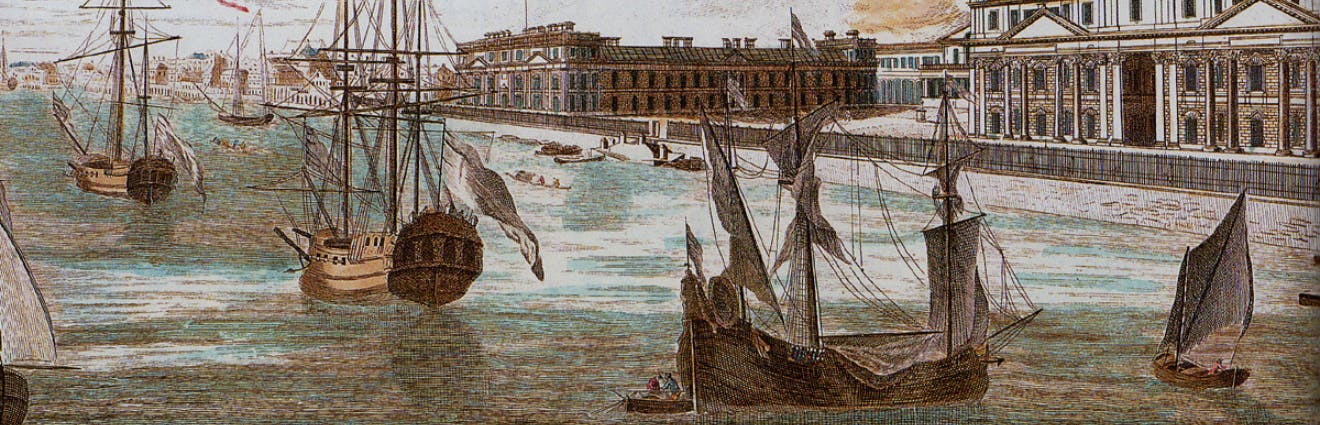 Stich zeigt Gebäude der Compagnie des Indes mit Schiffen im Hafen