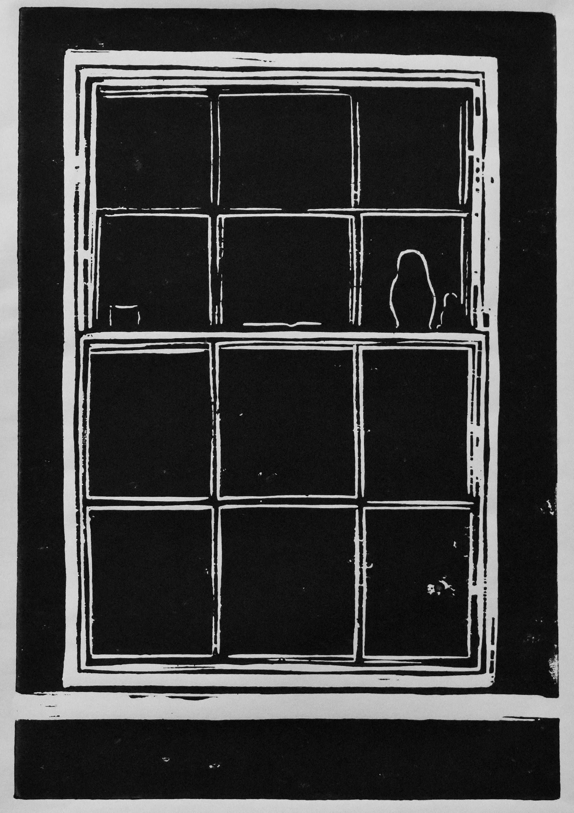 Copertina del singolo "You Say Jump, I Say How High" dei Triptych: linoleografia stilizzata della finestra della loro stanza, con cornice scura e sagome astratte all'interno.