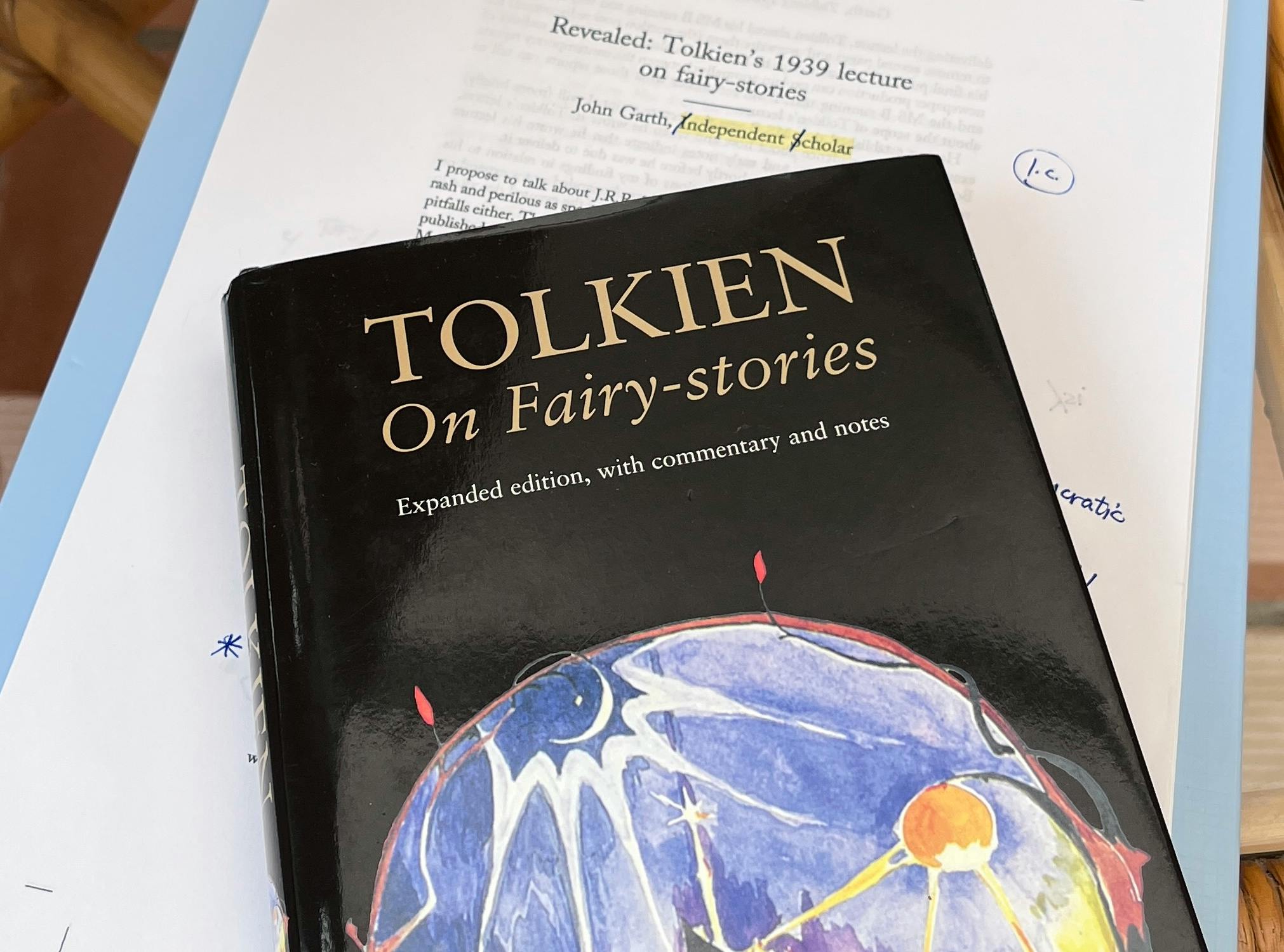 A copy of "Tolkien On Fairy-stories" and John Garth's article "Revealed: Tolkien's 1939 Lecture on Fairy-stories" with proofreading corrections