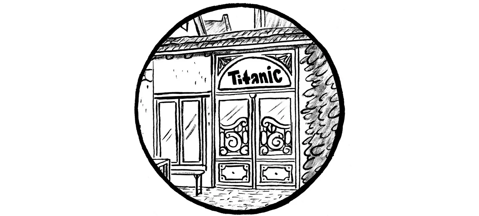 Zeichnung des Eingangs der TITANIC-Redaktion