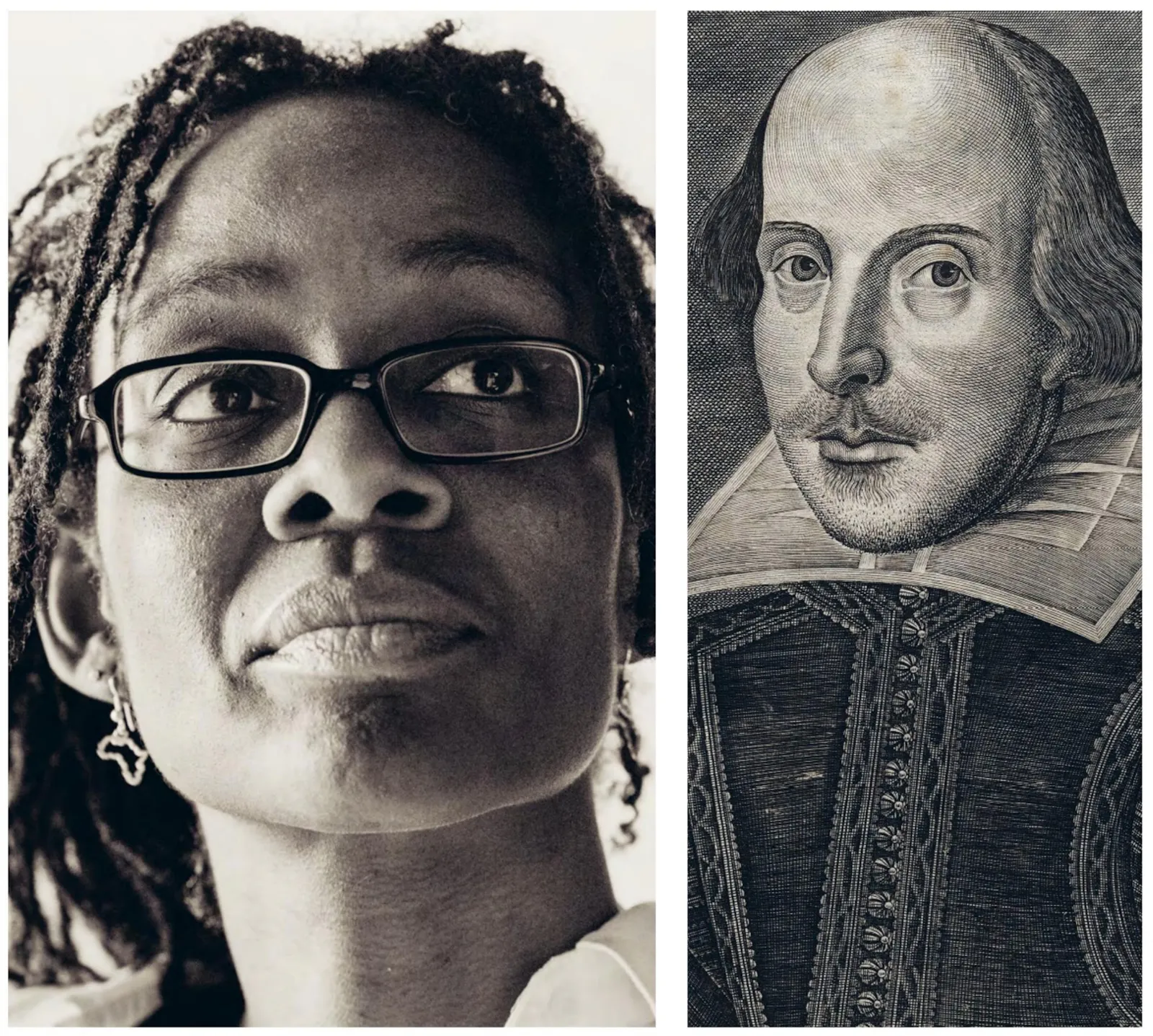 Zwei Porträtbilder in schwarz-weiß. Links zu sehen ist Sharon Dodua Otoo, eine Schwarzen Frau. Rechts ist ein Porträt von William Shakespeare, ein weißer Mann.