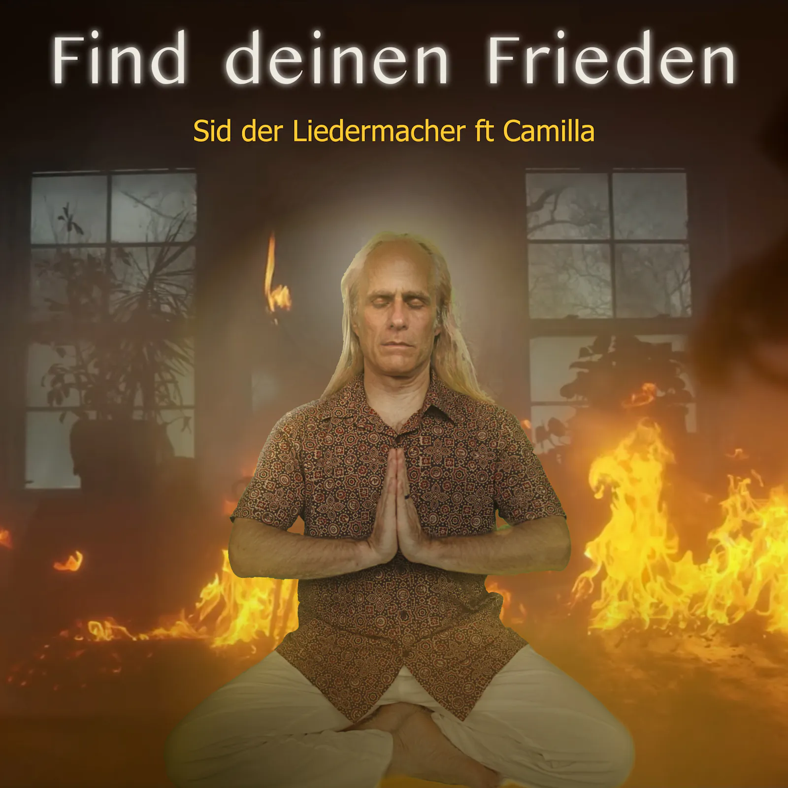 Sid sitzt meditierend in einem brennenden Raum