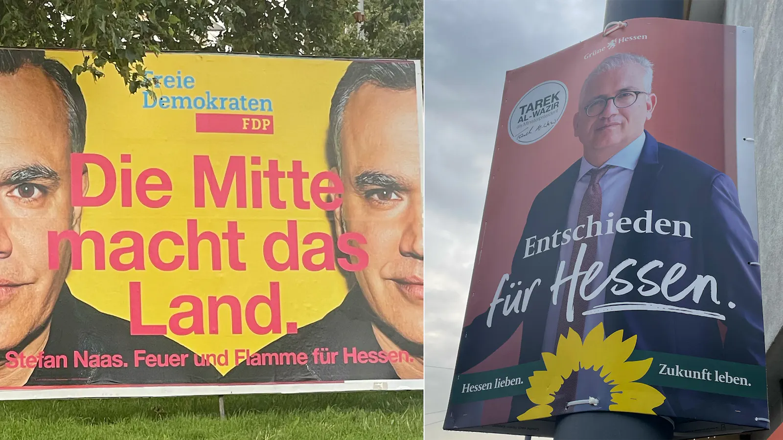 Wahlplakate in Hessen. Links Stefan Naas (FDP), rechts Tarek Al-Wazir.