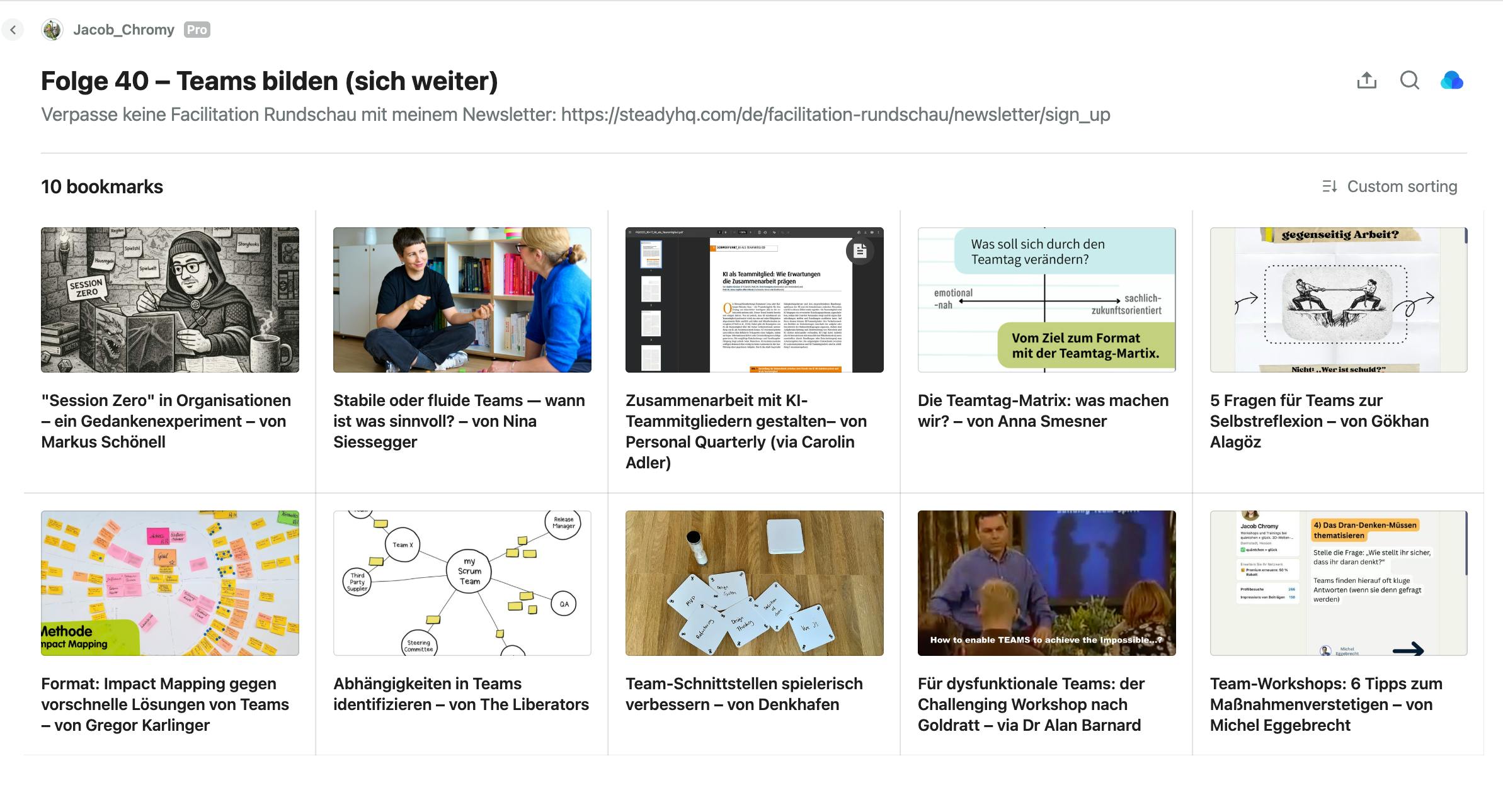 Screenshot einer Newsletter-Ausgabe „Folge 40 – Teams bilden (sich weiter)“ mit 10 kuratierten Beiträgen zu Teamarbeit, Methoden und Facilitation.