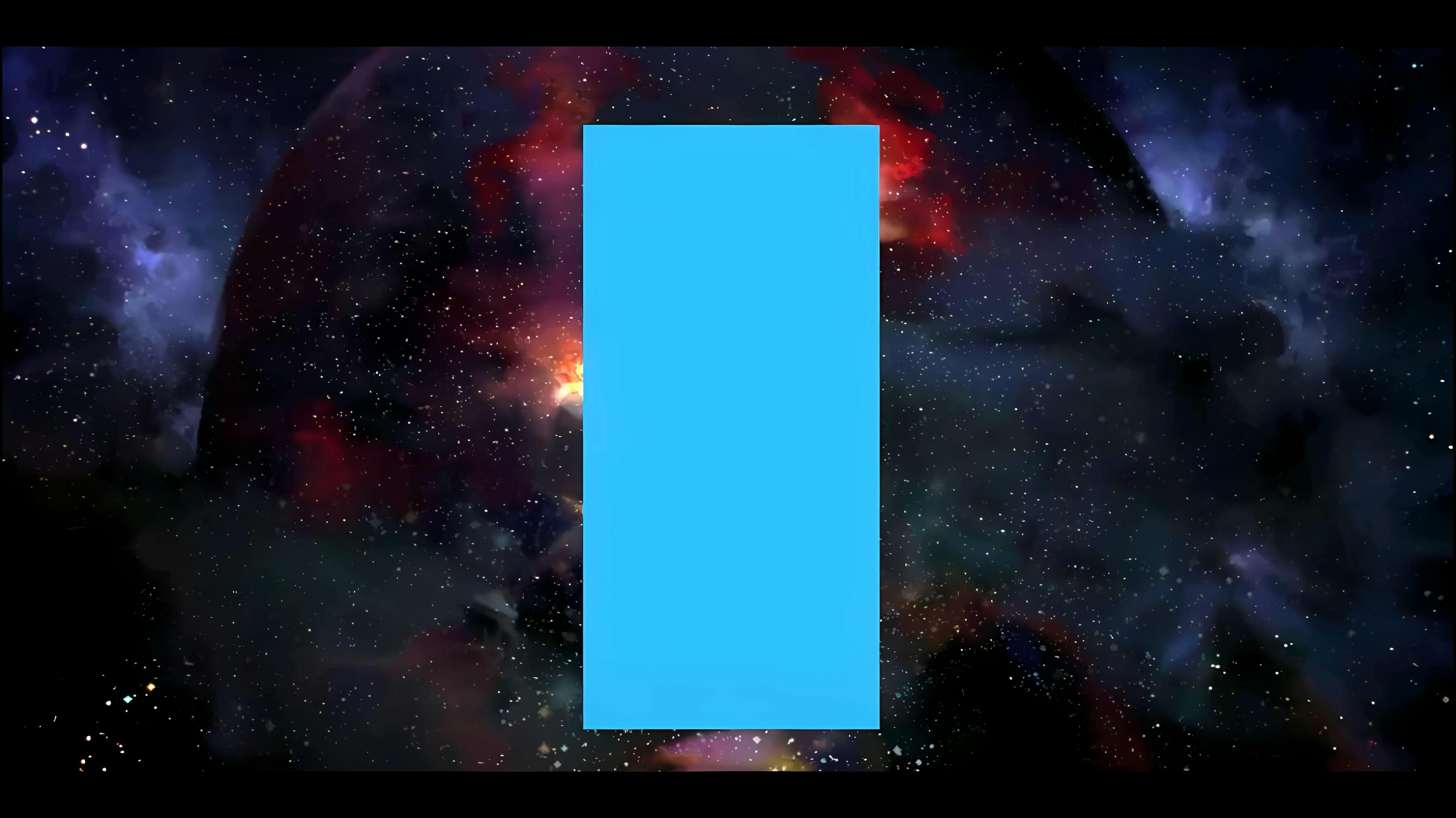Eines der Gemälde von Zima, in dem ein hochformatiges, blaues Rechteckt zu sehen ist. Im Hintergrund ist ein Planet, interplanetare Nebel und Sterne. [Screenshot]