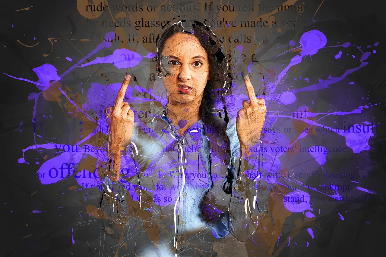 Eine Frau, die aus einer Buchseite und blauen Tintenklecksen schemenhaft herfortritt, die Mittelfinger zeigend und herablassend blickend