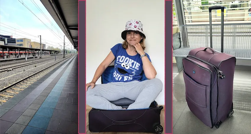 Triptichon aus Bahnsteig, Christine Piontek mit Kirschhut in einem Koffer sitzend und Koffer am Bahnhof