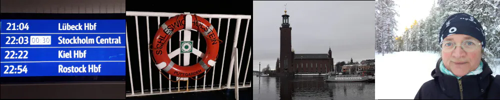 4 Bilder: Verspätungsanzeige, Rettungsring, Stockholm in grau, Selbstporträt im verschneiten Wald