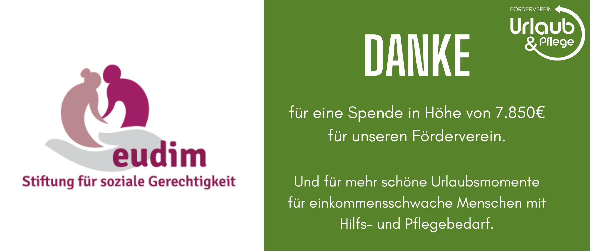 Das Bild zeigt das Logo der Eudim-Stiftung. Daneben ist ein kurzer Dankestext: "Danke für eine Spende in Höe von 7850€ für unseren Förderverein."