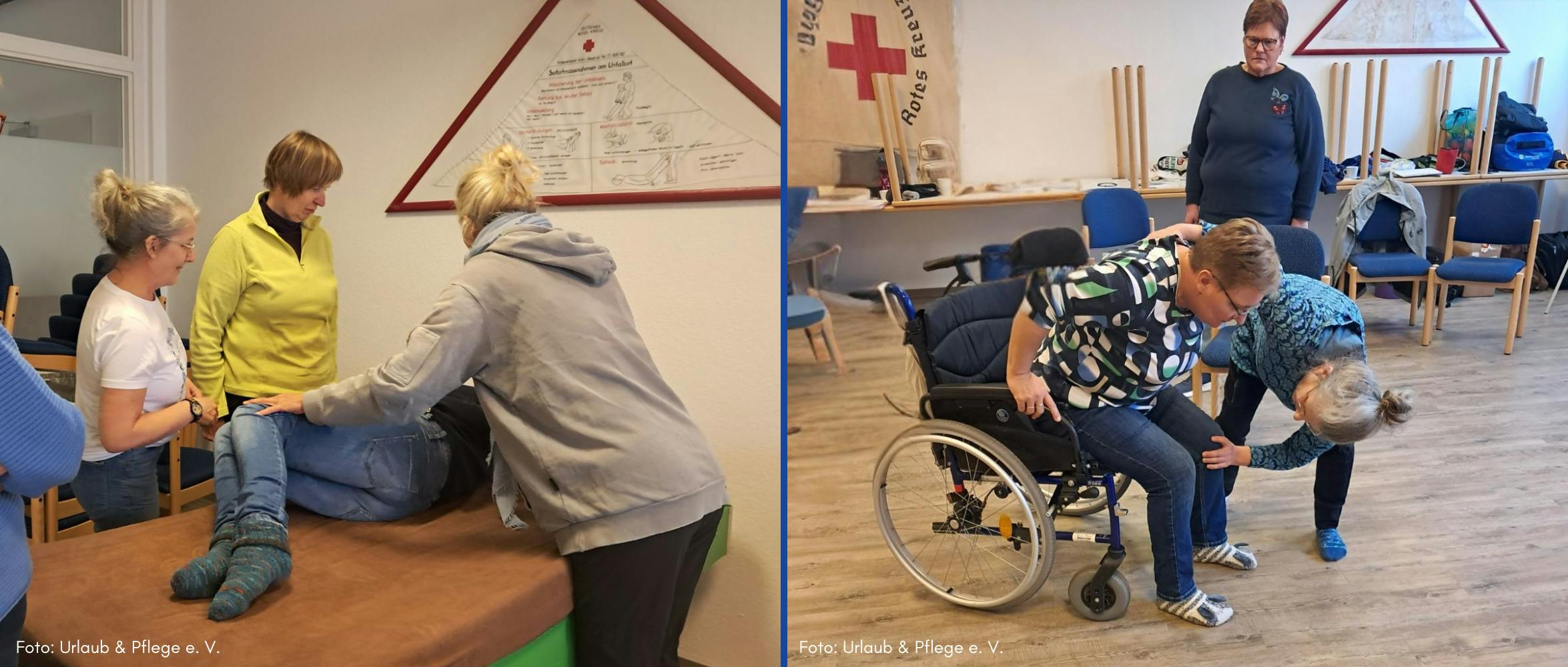 Es sind zwei Bildausschnitte zu sehen. Bild 1 zeigt 4 Personen bei einem Kinästhetik Kurs. Eine Person liegt im Bett und simuliert einen pflegebedürftigen Mensch. Zwei weitere Personen lagern die im Bett liegende Person unter Anleitung der Trainerin Silke Fürniß. Bild 2 zeigt 3 Personen. Eine Person simuliert einen pflegebedürftigen Mensch, der im Rollstuhl sitzt. DIe Trainerin zeigt, worauf bei der Mobilisation zu achten ist. Dahinter steht eine Teilnehmerin und schaut zu.