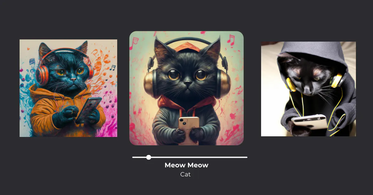 Three images of cartoon cats, each wearing an oversized hoodies and headphones, holding a mobile phone. Underneath it says "Meow Meow" by "Cat"