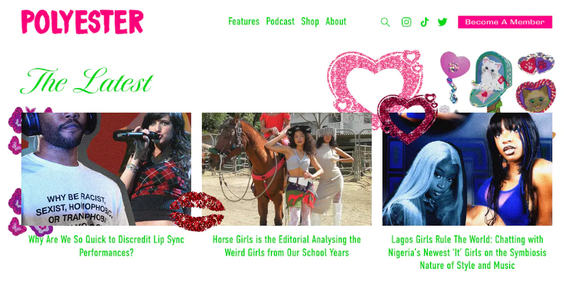 Examples of stories on the Polyester Zine website, including subjects like lip syncing, horse girls and Nigerian It Girls.