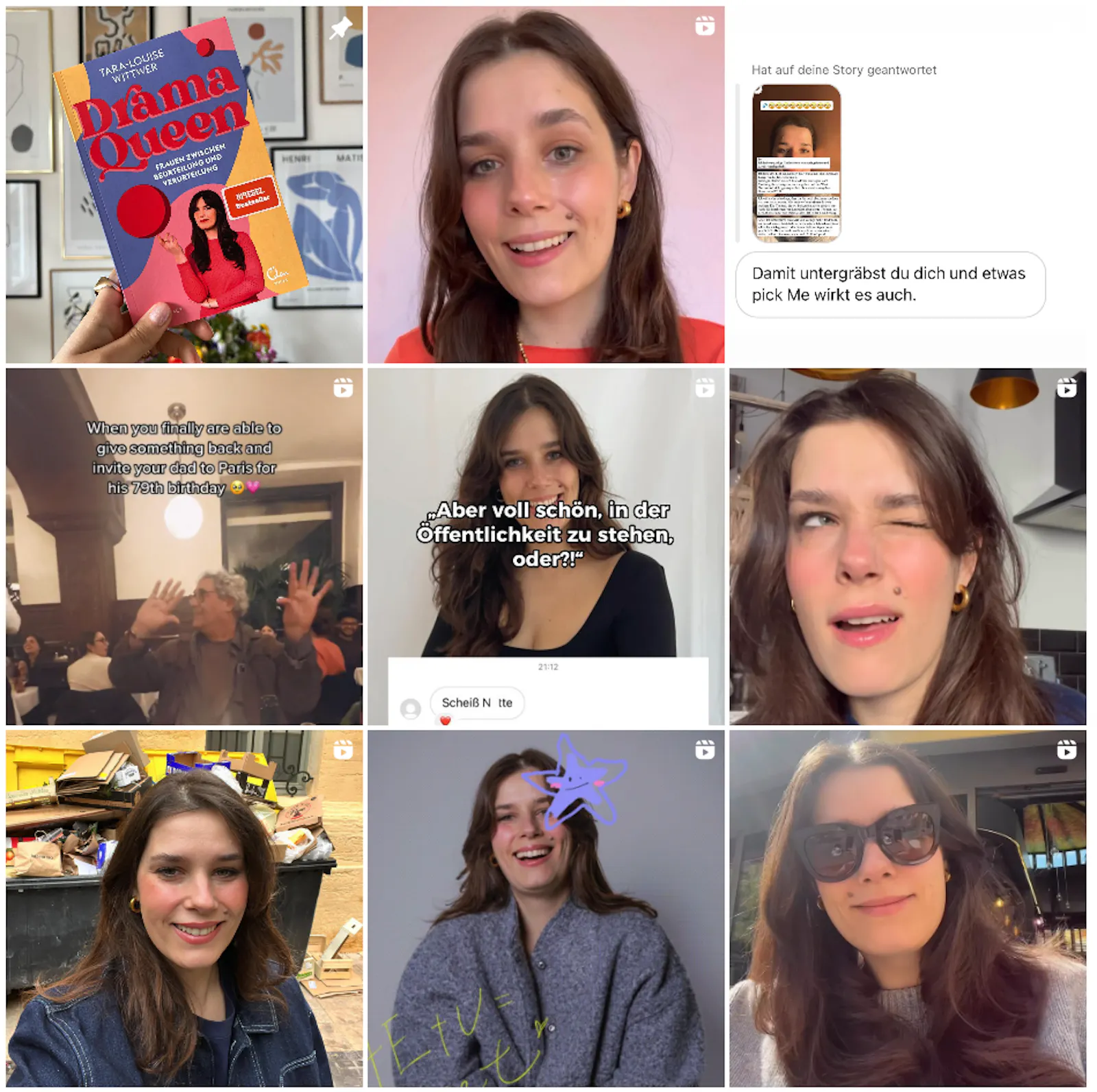 A selection of Tara-Louise Wittwer's Instagram posts, which feature close-ups of her face speaking to the camera, as well as her book.