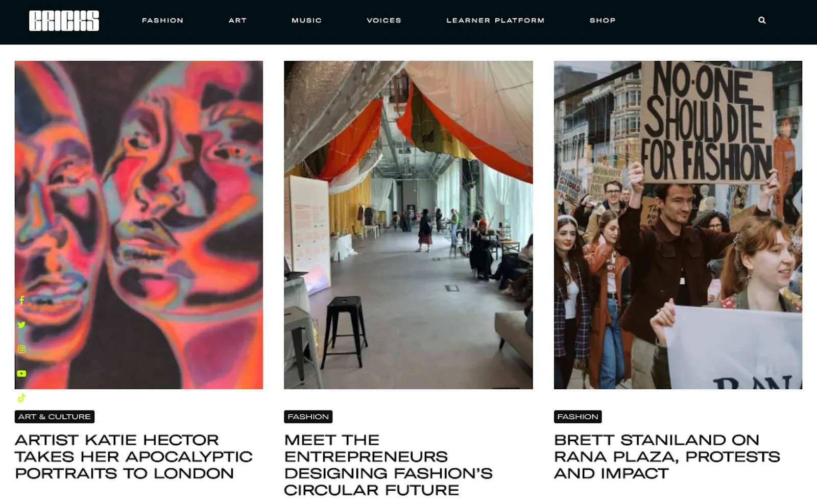 Examples of stories on theBRICKS Magazine website. Topics include photography, fashion and labour rights.