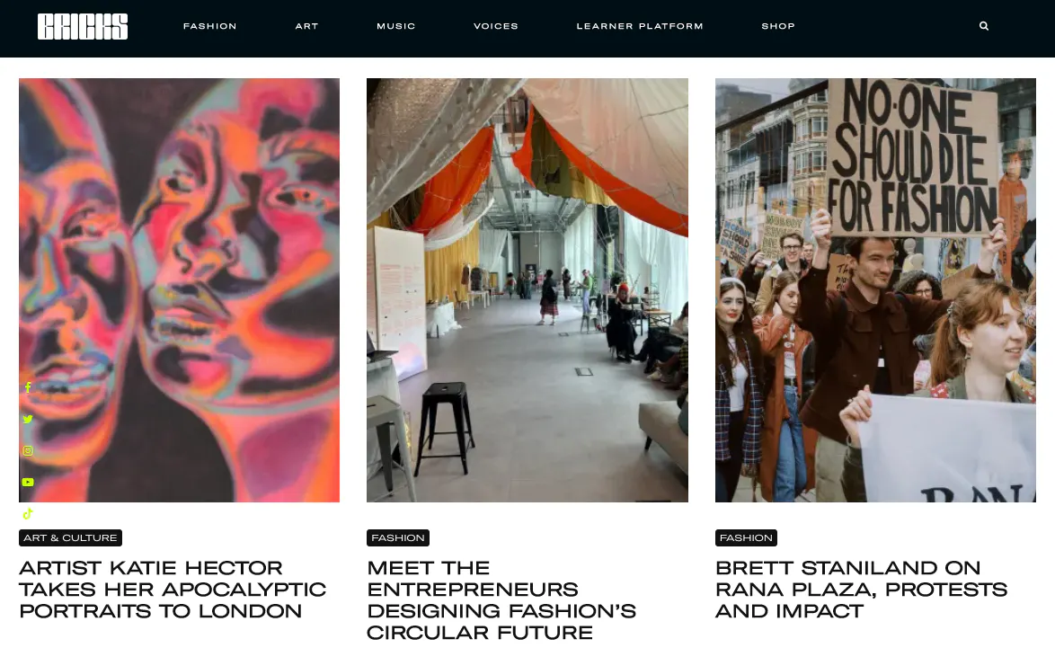 Examples of stories on theBRICKS Magazine website. Topics include photography, fashion and labour rights.