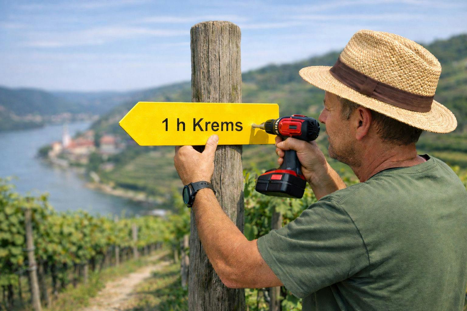 KI-generiertes Bild eines Mannes, der einen Wanderwegweiser montiert.