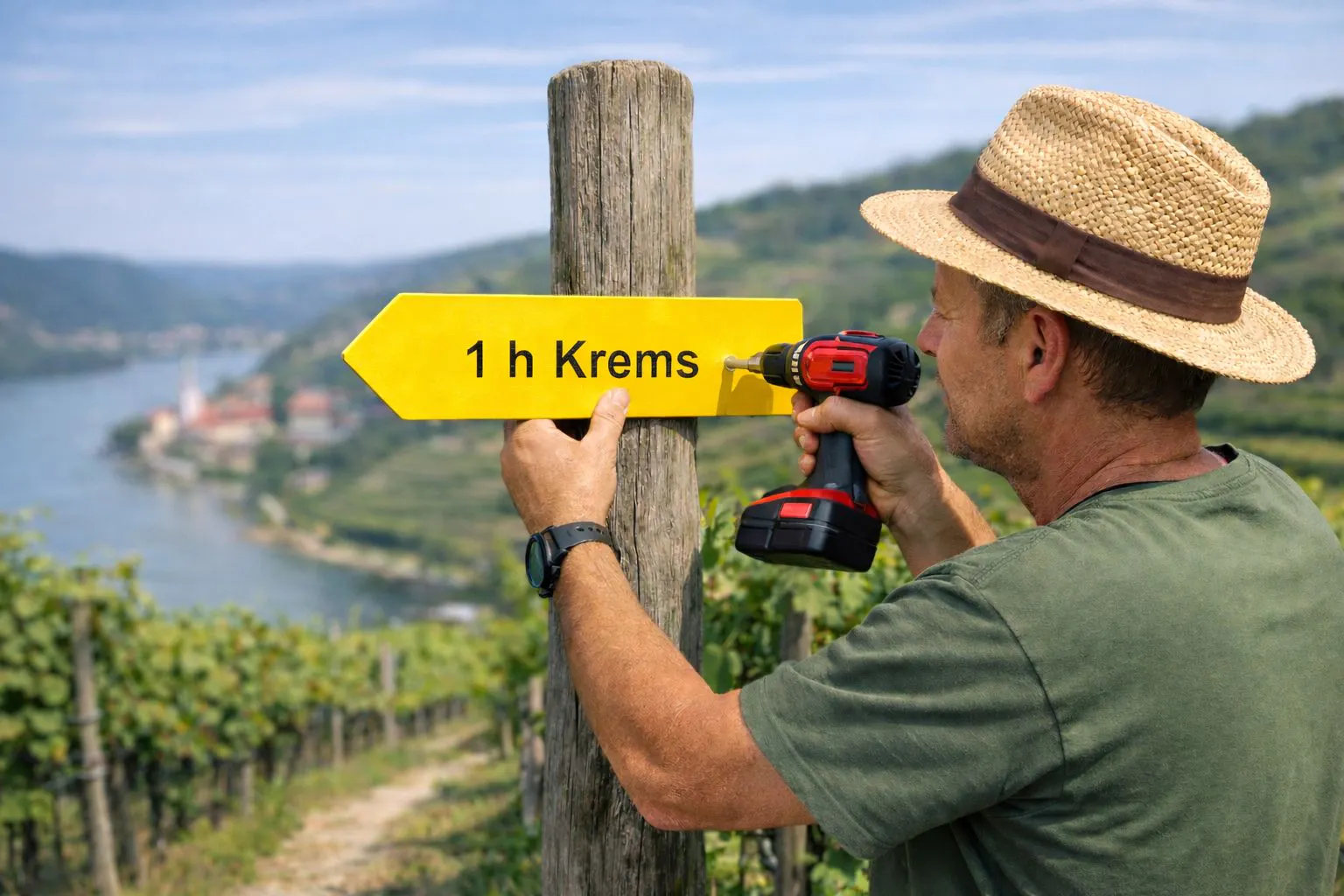 KI-generiertes Bild eines Mannes, der einen Wanderwegweiser montiert.