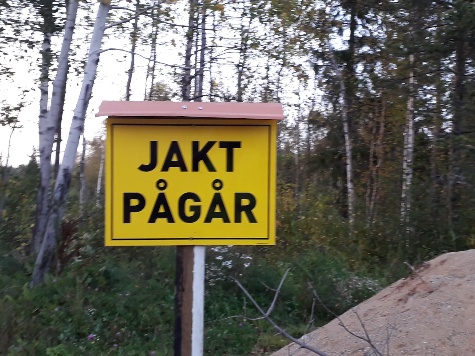 Schild "Jakt pågår", es wird gejagt.