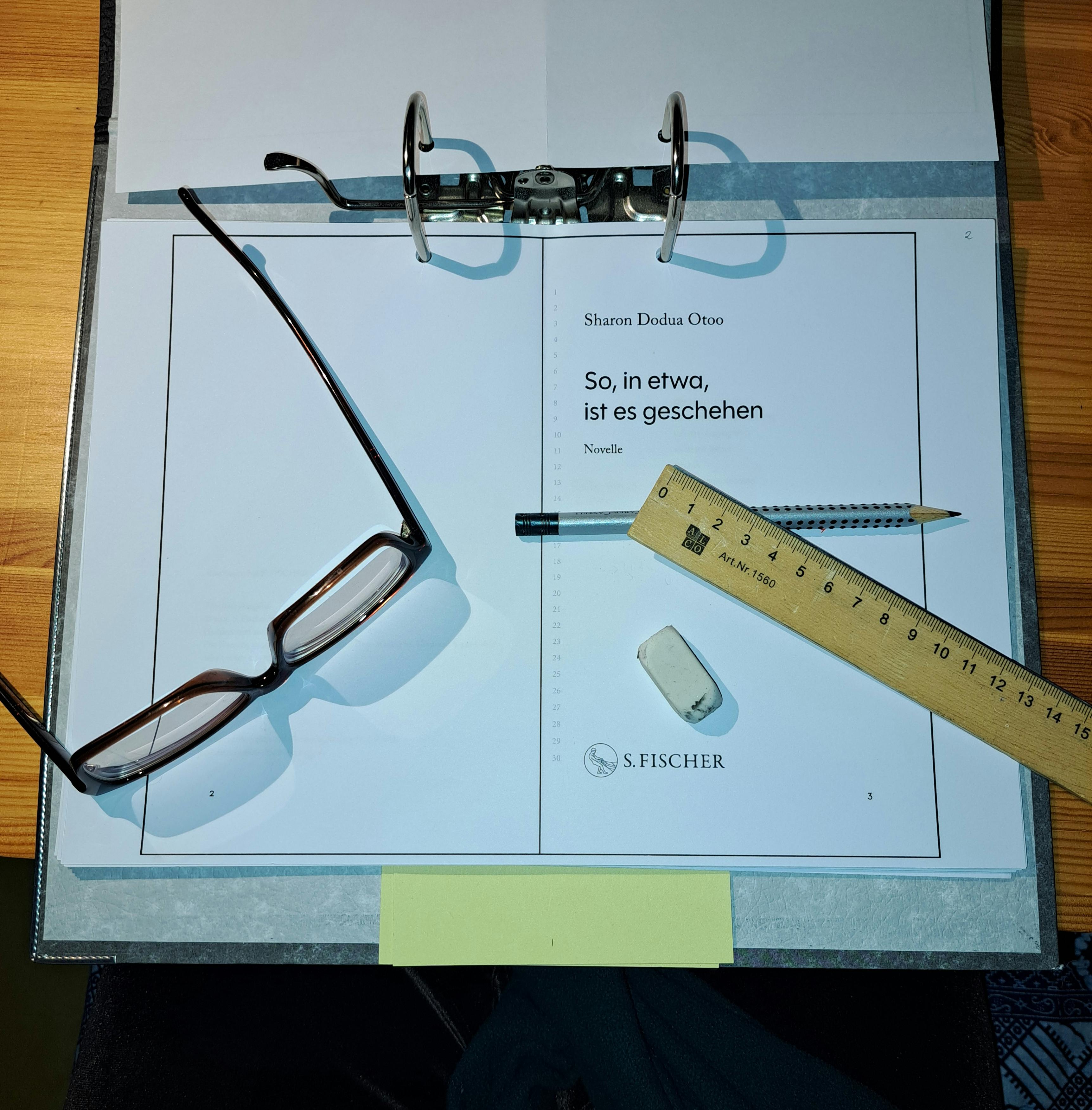 Ausdruck der PDF-Datei der Novelle in einem Ringbuch. Oben auf der ersten Seite liegen meine Brille, ein Lineal, ein Bleistift und ein Radiergummi