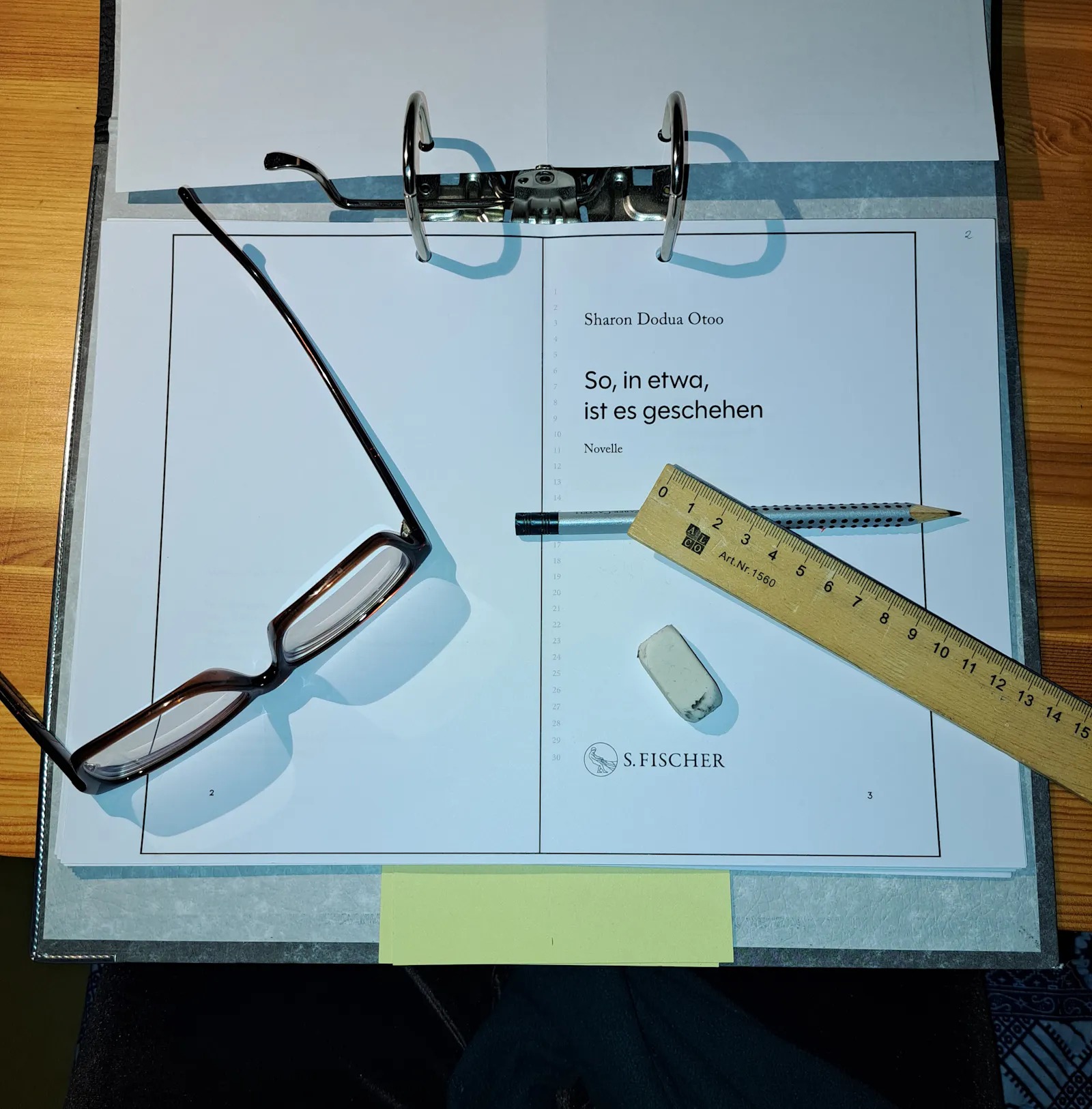 Ausdruck der PDF-Datei der Novelle in einem Ringbuch. Oben auf der ersten Seite liegen meine Brille, ein Lineal, ein Bleistift und ein Radiergummi