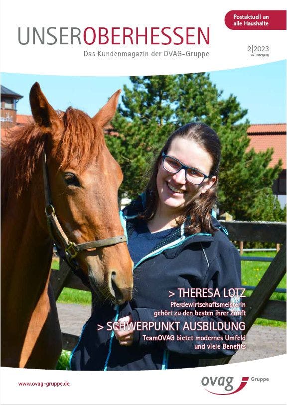 Titelblatt des OVAG Magazins "Unser Oberhessen", Ausgabe 2-2023, verlinkt auf die original Online-Ausgabe im PDF-Format auf der Seite www.ovag-gruppe.de.