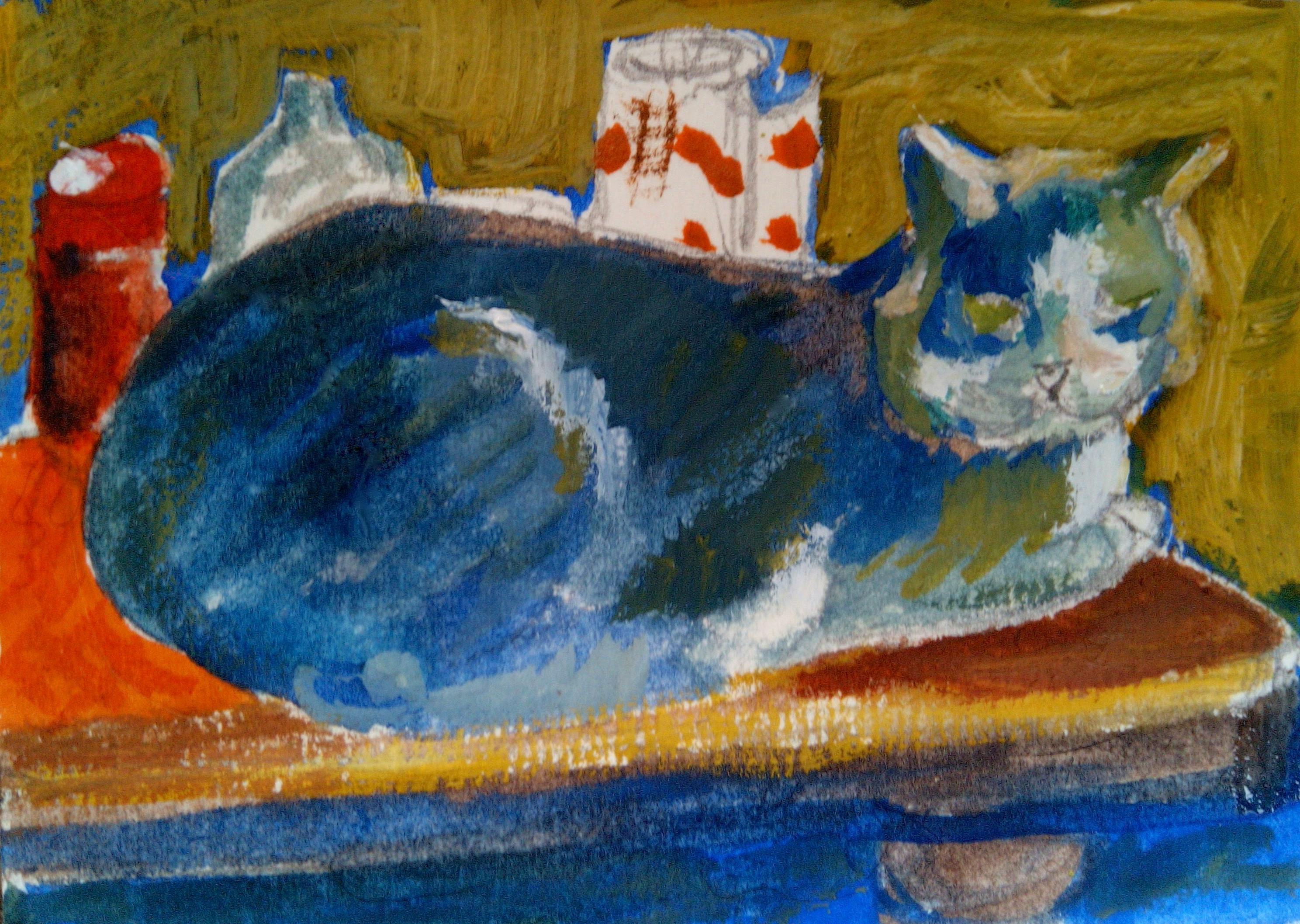 A gouache painting of a cat lying on a kitchen table. Impressionistic style. Cat is more blue than grey. Kitchen ingredients, hot pepper in a red container, a translucent bottle and a roll of paper. Background painted in yellow ochre. Table is bright red on the left hand side, brown on the right. Underneath the table is painted in bright blue