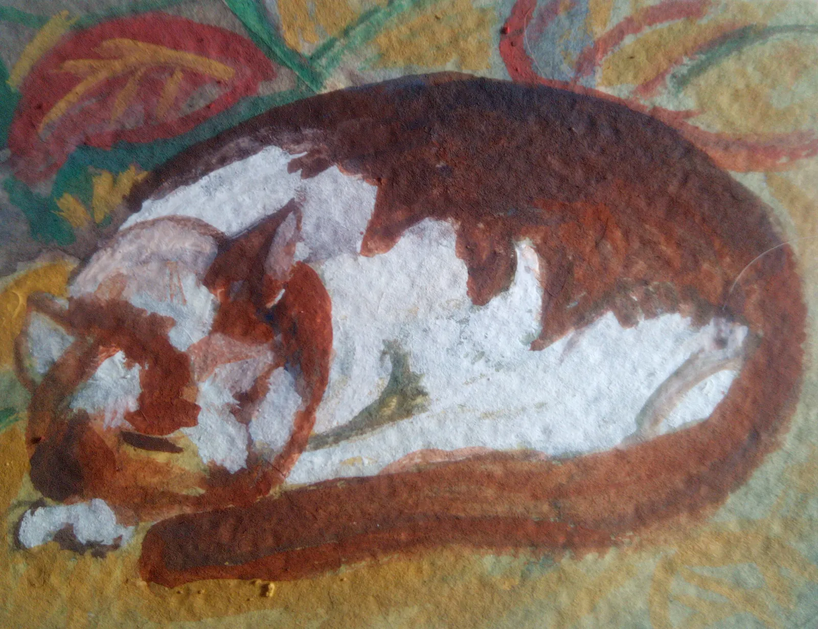 A gouache painting of a brown and white cat curled up on a dark yellow couch with pink and yellow and viridian green leaves painted behind as cushions.
