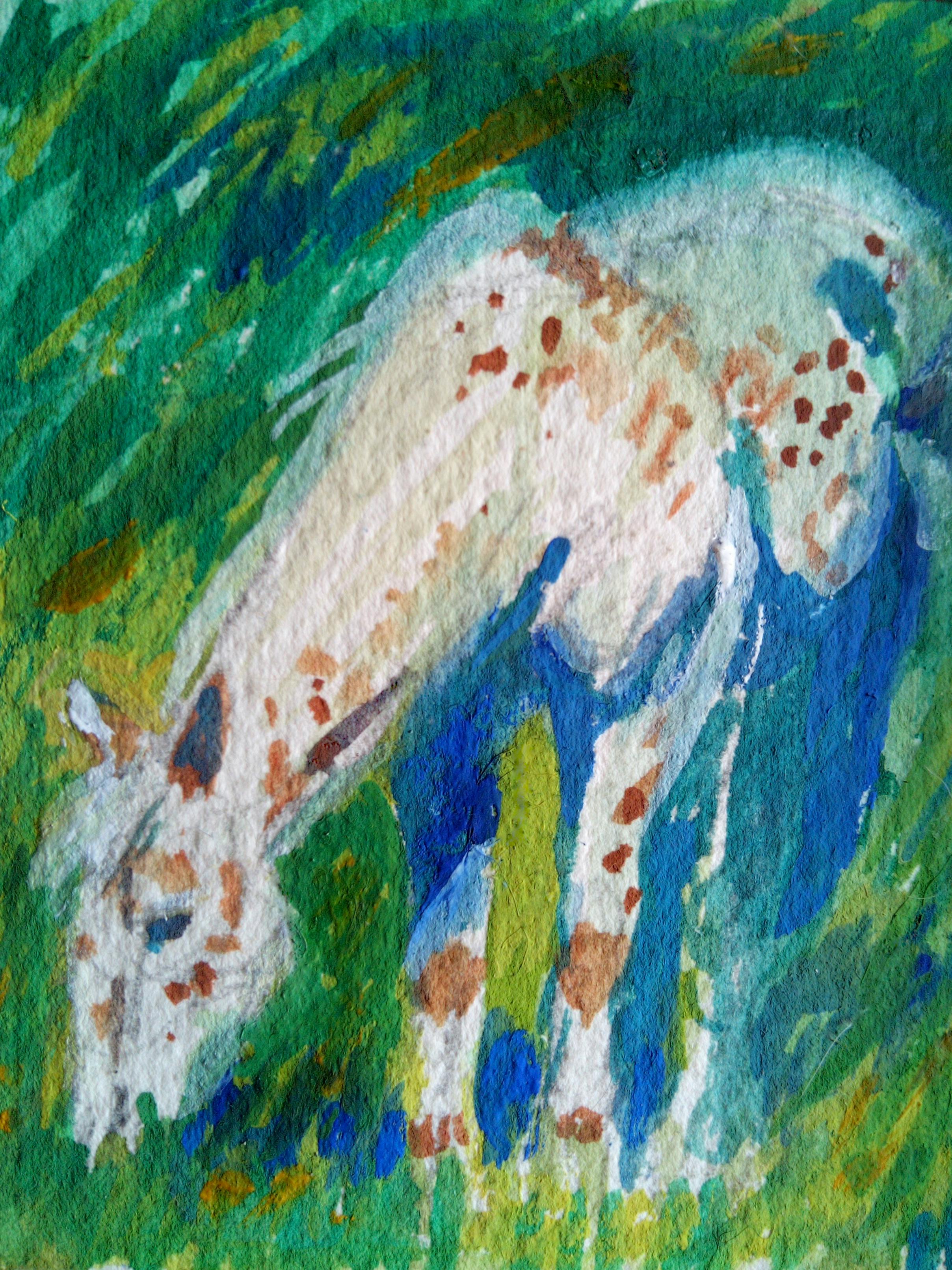 A gouache painting of an spotted Appaloosa horse grazing facing us but with her head to the left side of the image. Background bright and dark green representing trees and grass.