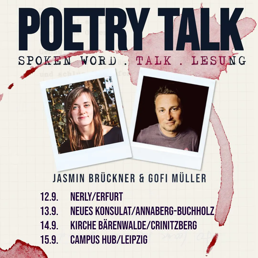 Das Bild bewirbt die POETRY TALK Tour von Jasmin Brückner und mir.