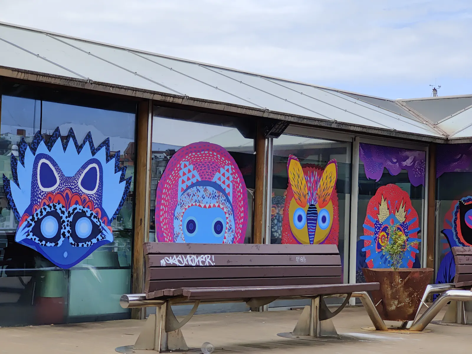 Julie Stephen Chheng - 'Uramado AR Tanukis Awake' | Augmented Reality Street Artwork on the Puerto Deportivo harbour buildings | Calle Marqués de San Esteban 2, 33206 Gijón, Asturias, Spain
