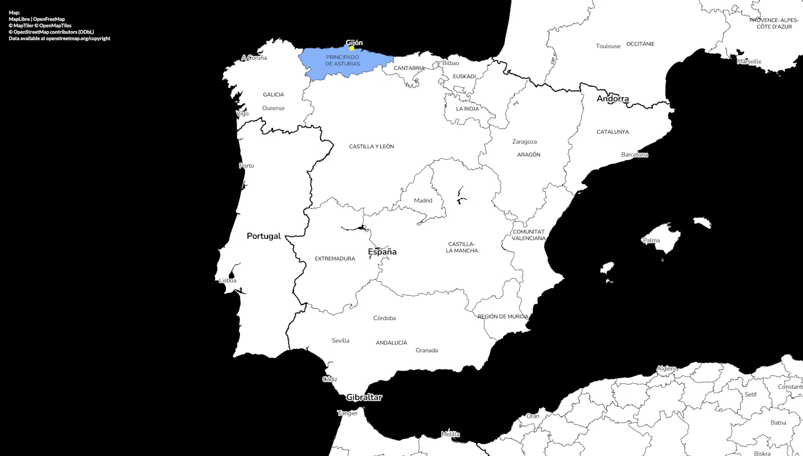 Gijón in Asturias on the map of the Spanish peninsula