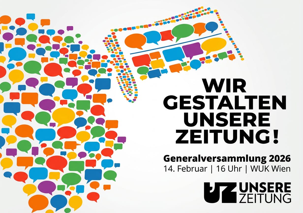 Generalversammlung 2026 von Unsere Zeitung am 14. Februar im WUK Wien, ab 16 Uhr