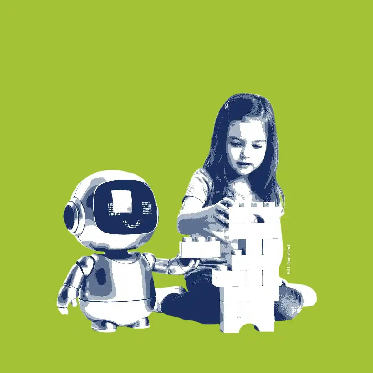 [Ein kleines Mädchen spielt und lässt sich dabei von einem KI-Roboter helfen]