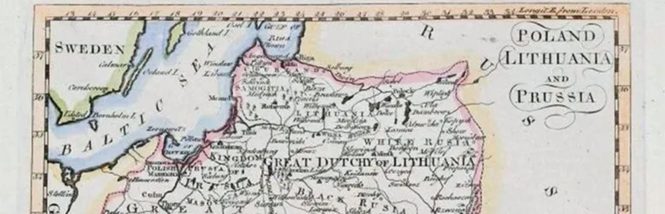 Historische Karte von 1768: Die farbliche Abgrenzung zeigt das multiethnische Großfürstentum Litauen (rosa), das stark von lateinischer und polnischer Schriftkultur geprägt war, sowie das protestantische Herzogtum Preußen (grün schraffiert), in dem die ersten systematischen Versuche zur Etablierung des Litauischen als Schriftsprache unternommen wurden.