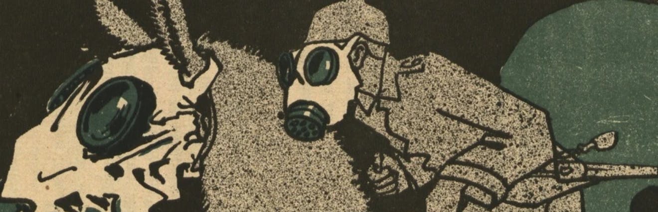 Zeichnung eines Soldaten mit Gasmaske, der ein Pferd mit Gasmaske reitet