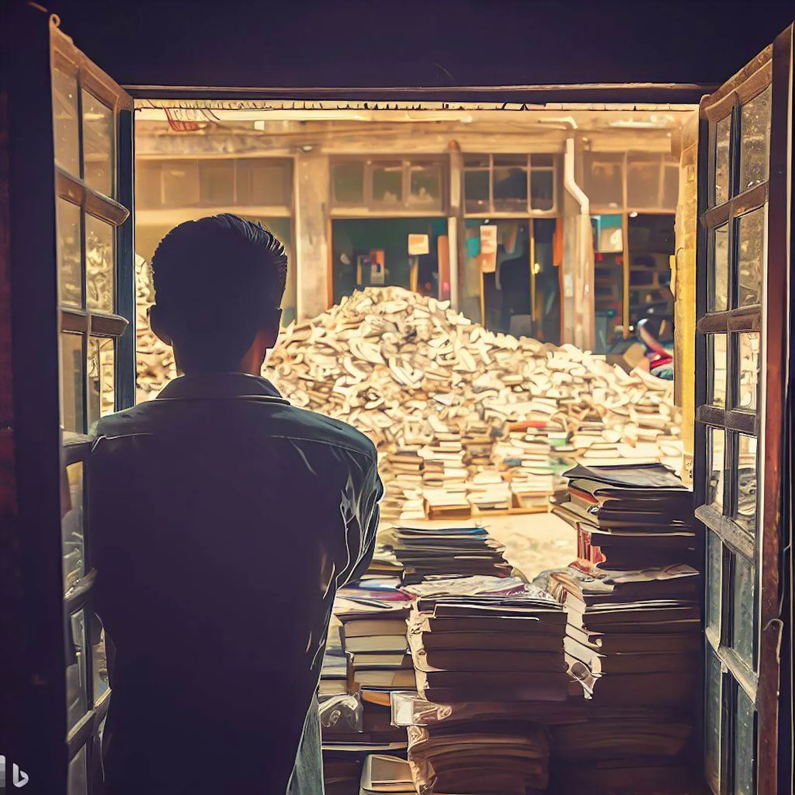 Junger Mann von hinten gesehen, starrt durch ein Schaufenster in einen Laden gefüllt mit Bücherstapeln, Gemälde nach Edward Hopper