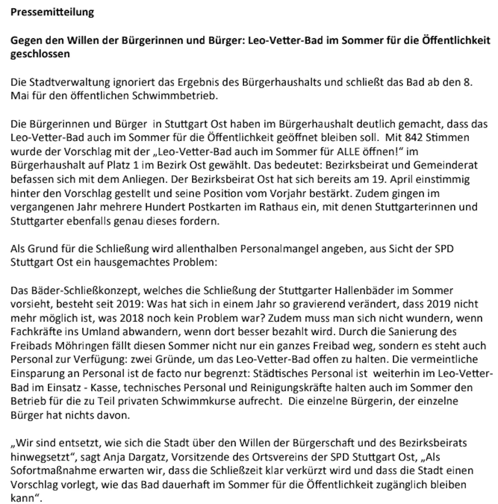 Pressemitteilung der SPD Stuttgart-Ost zur Schließung des Leo-Vetter-Bads während der Freibadsaison.