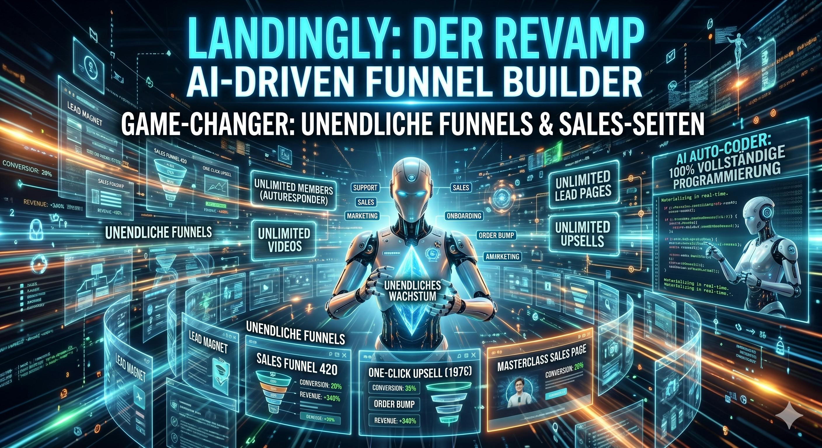 Futuristische Infografik im Minority-Report-Stil für den LANDINGLY Revamp: Ein hochentwickelter KI-Roboter (AI Droid) steht im Zentrum eines leuchtenden, holografischen Dashboards. Die Schlagzeilen lauten ‚LANDINGLY: DER REVAMP AI-DRIVEN FUNNEL BUILDER‘ und ‚GAME-CHANGER: UNENDLICHE FUNNELS & SALES-SEITEN‘. Auf schwebenden digitalen Bildschirmen werden die unlimitierten Features wie ‚Unlimited Lead Pages‘, ‚Unlimited Upsells‘, ‚Unlimited Members‘ und ein ‚AI Auto-Coder für 100% vollständige Programmierung‘ plakativ in Cyan und Orange präsentiert.