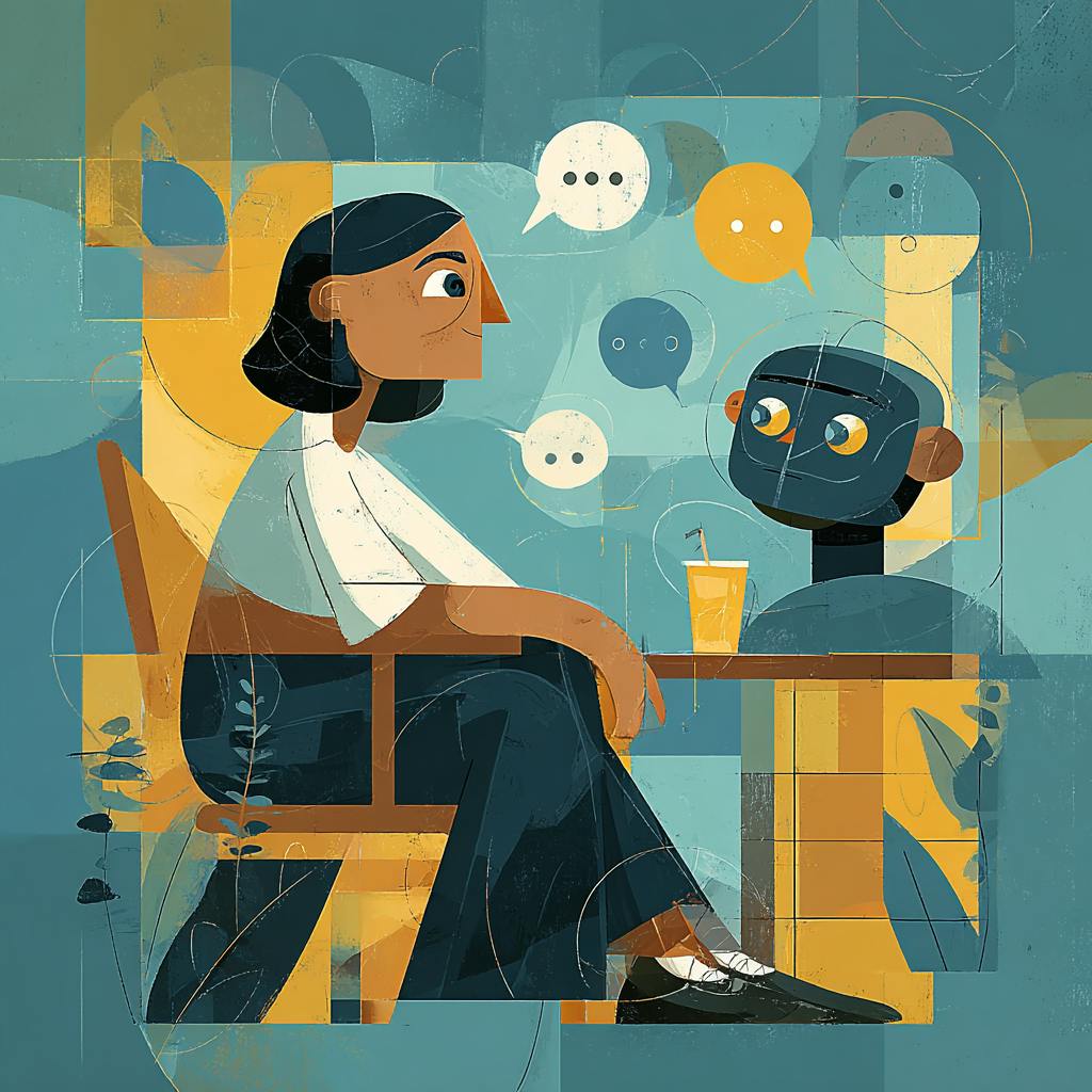 Eine weibliche Person sitzt einem homoniden Roboter gegenüber, wie in einer Therapiesitzung