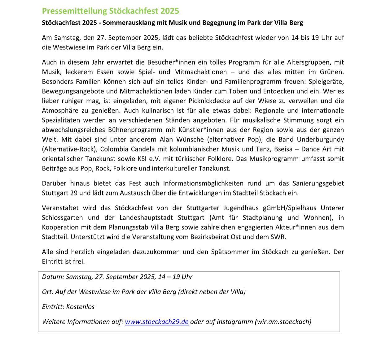 Pressemitteilung zum Stöckachfest