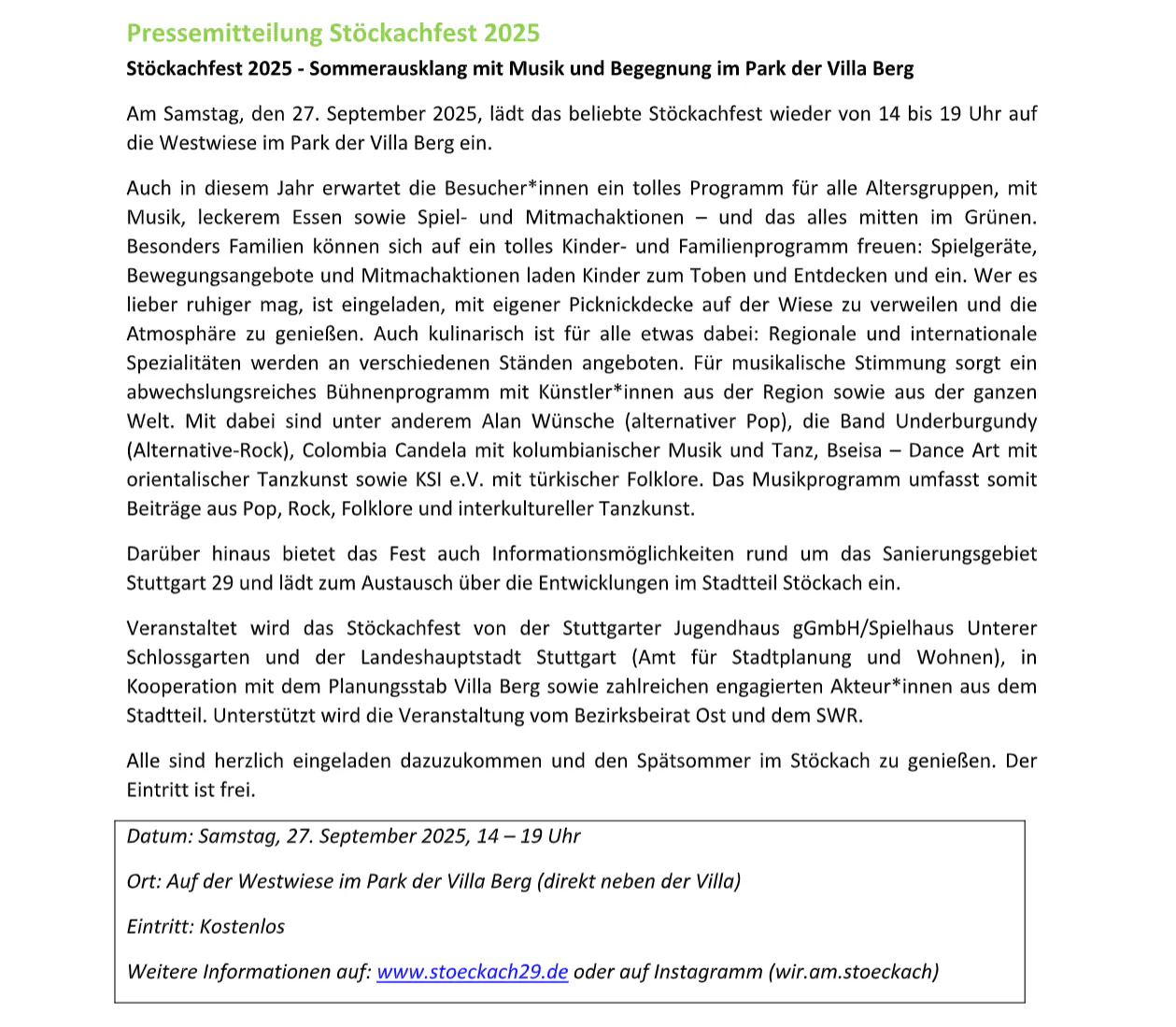 Pressemitteilung zum Stöckachfest