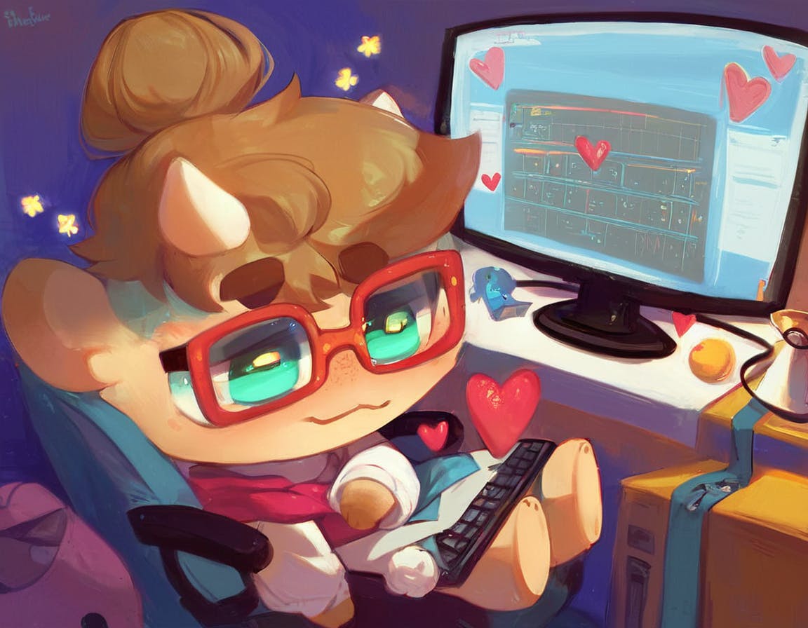 AI Generated image of a chibi character enjoying spending time at a computer