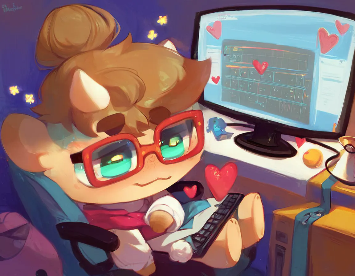 AI Generated image of a chibi character enjoying spending time at a computer