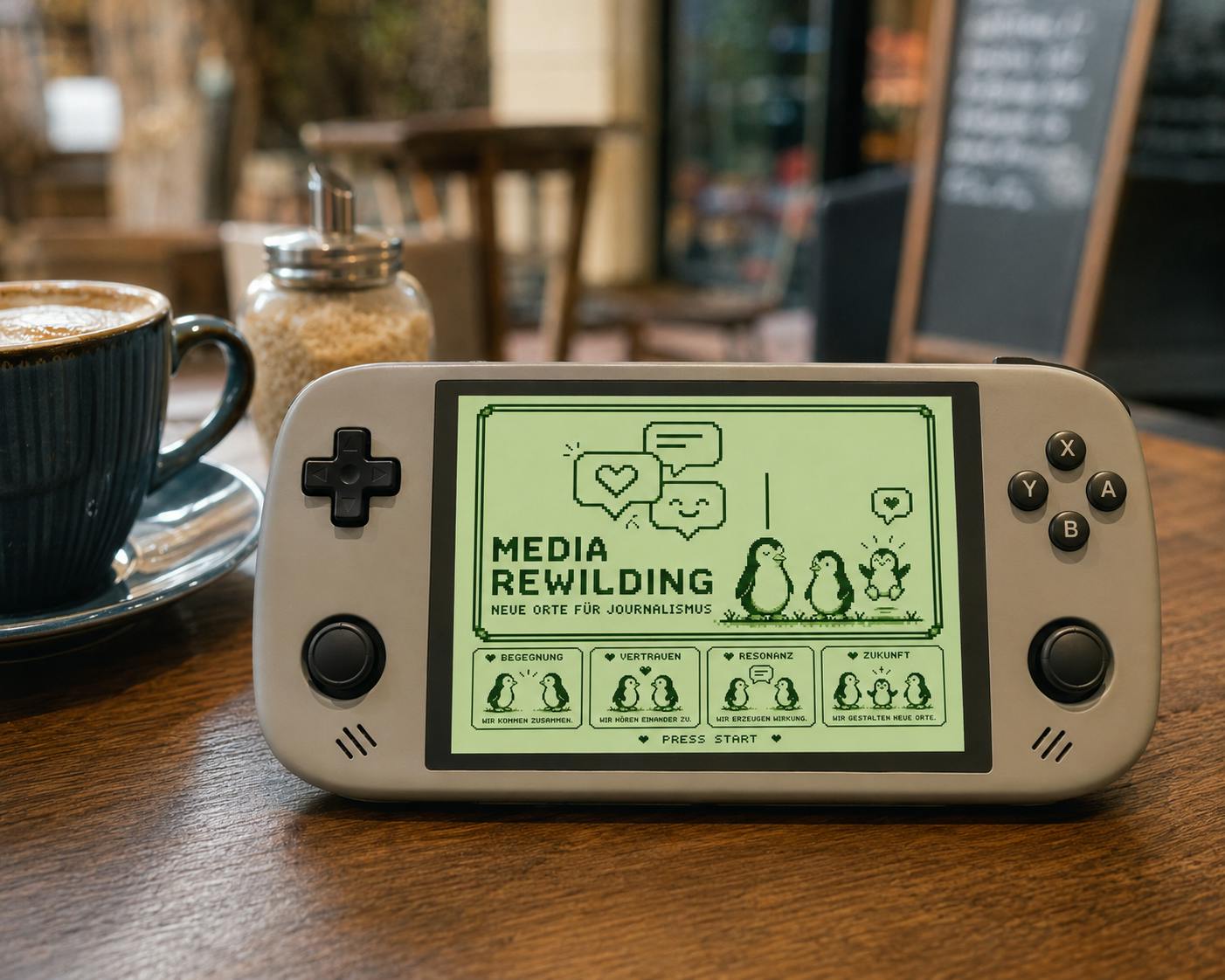 Spielkonsole mit Media-Rewilding-Game (KI-generiert)