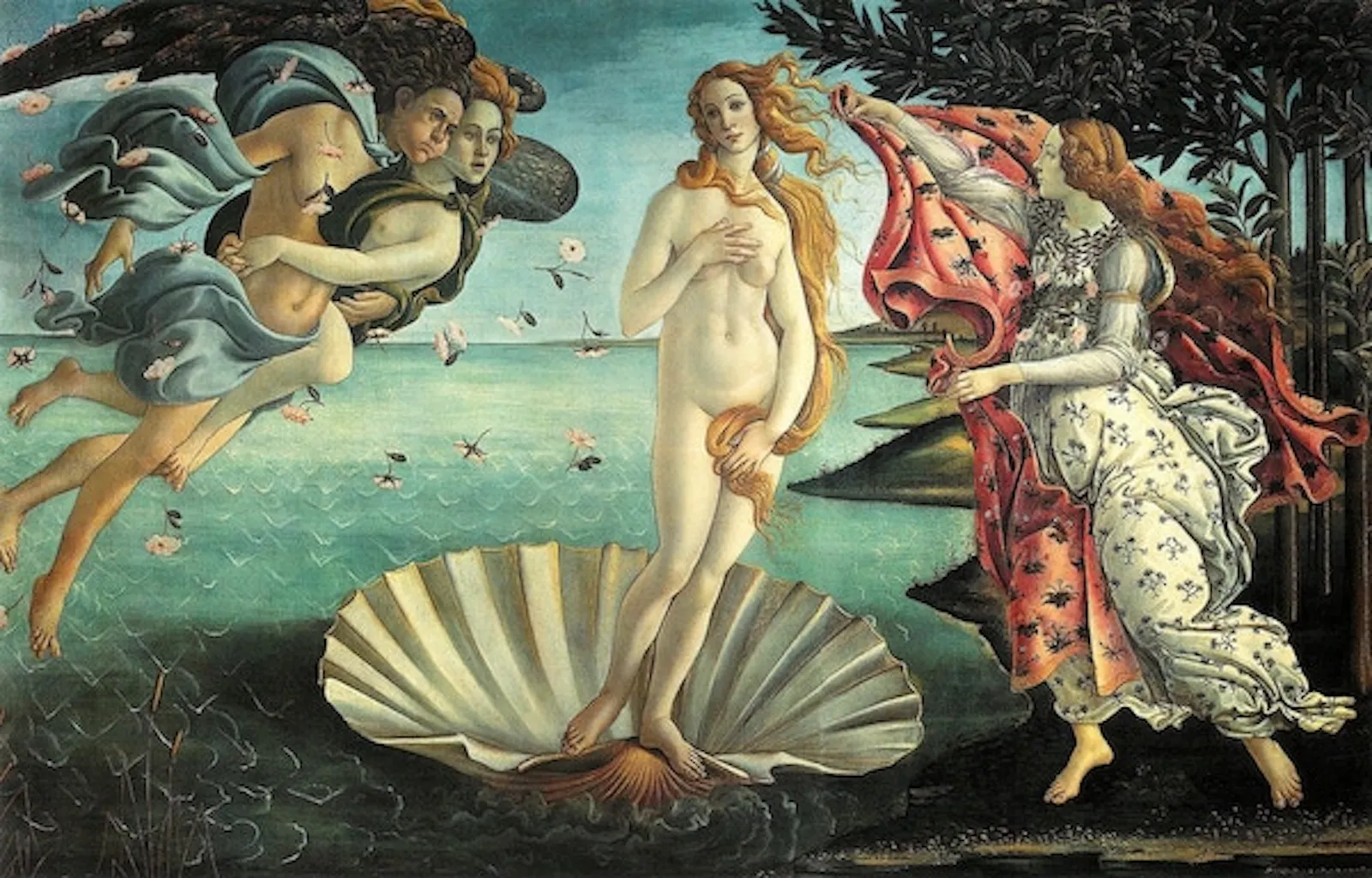 En el centro Venus esta desnuda sobre una concha, a la derecha una dama es la primavera y a la izquierda el viento cefiro sopla junto a su pareja