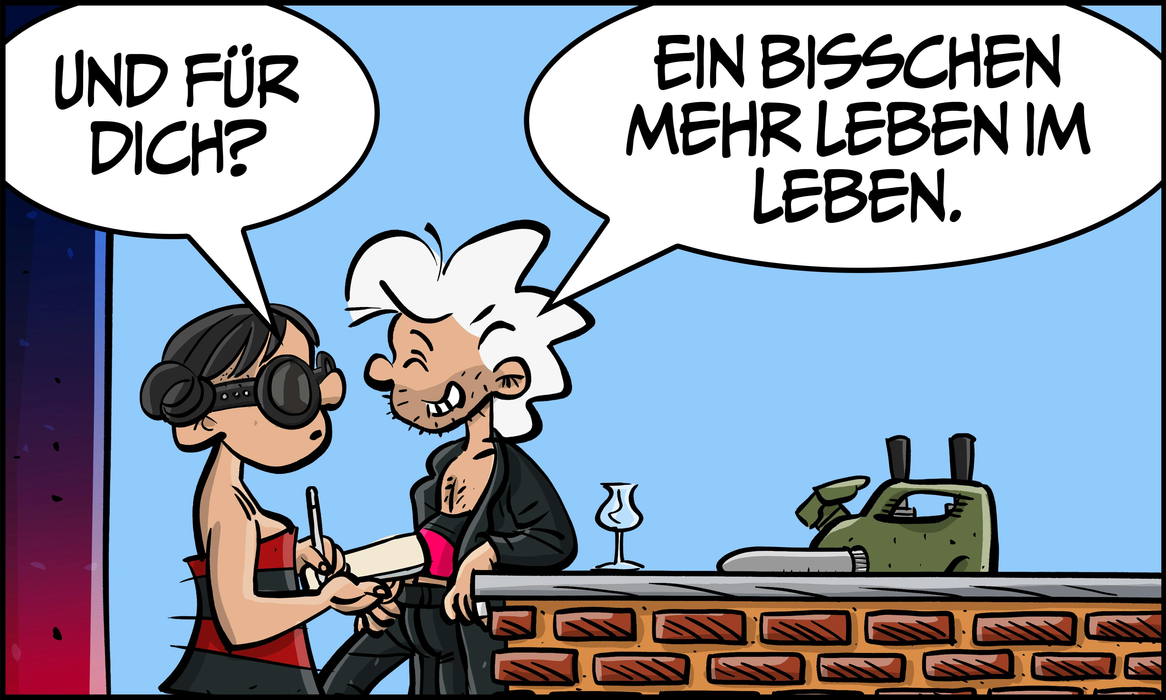 Gina fragt: „Und für dich?“ – „Ein bisschen mehr Leben im Leben.“ sagt Chuck.