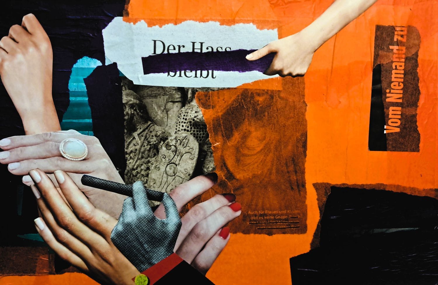 Collage mit Händen und Schrift.